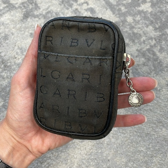 Bvlgari Mono Logo Mania Mini Zip Pouch Case Black Canvas Compact - Picture 1 of 14
